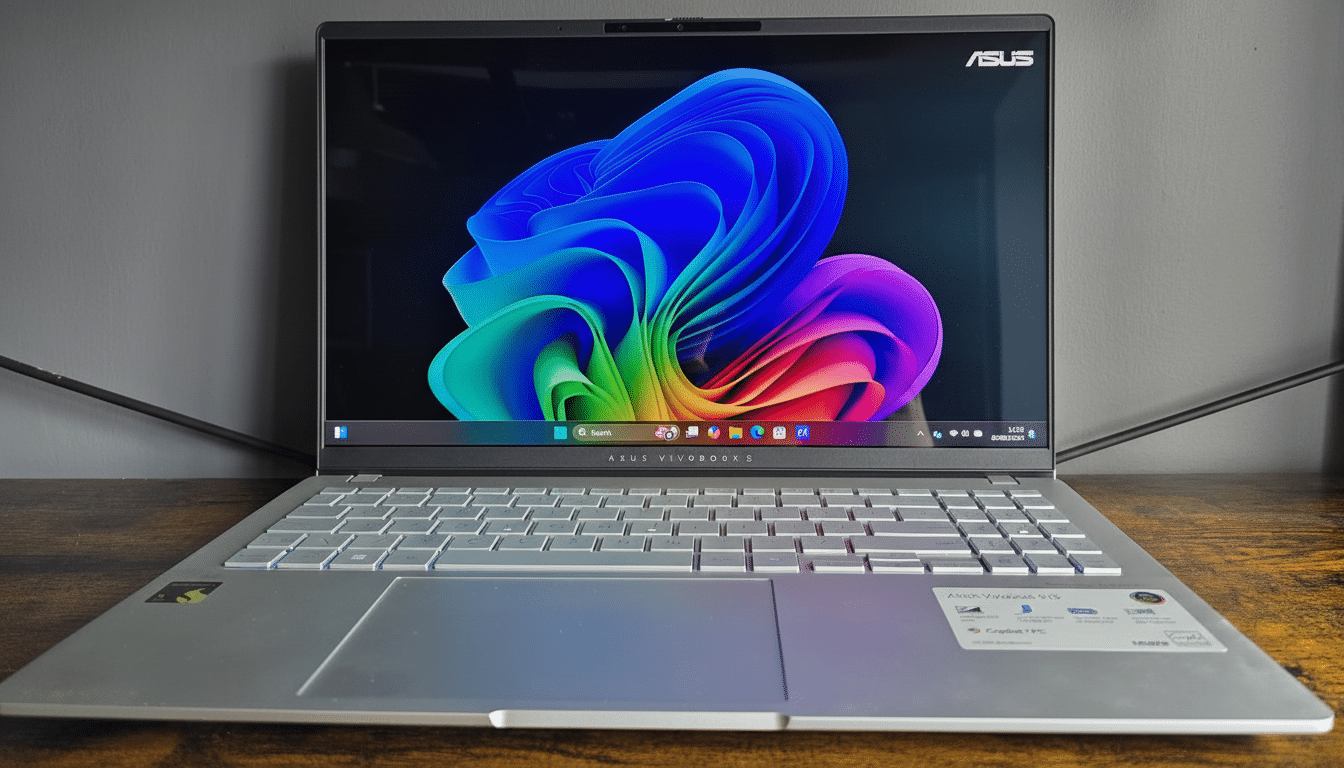 A professional shot of an ASUS Vivobook S 15 laptop with a colorful abstract wallpaper on its screen, set on a wooden surface against a gray background. Filename : asus vivobook s1 5laptop .png