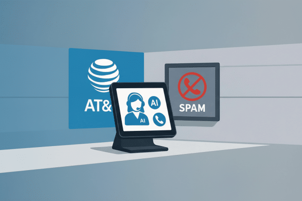 An illustration showing AT&T' s AI call assistant stopping spam calls. The image features a monitor displaying an AI assistant icon, AT& T's logo , and a No Spam sign with a crossed-out phone icon.