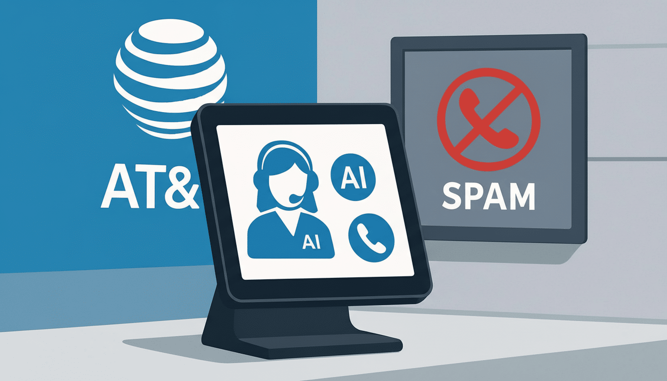 A 16:9 aspect ratio image showing AT&T and AI working together to prevent spam calls. The AT &T logo is on the left, an AI- powered interface is in the center with icons for a customer service representative and a phone, and a NO SPAM sign is on the right .