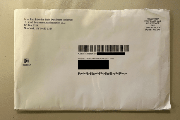 An envelope addressed to the East Palestine Train Derail ment Settlement.