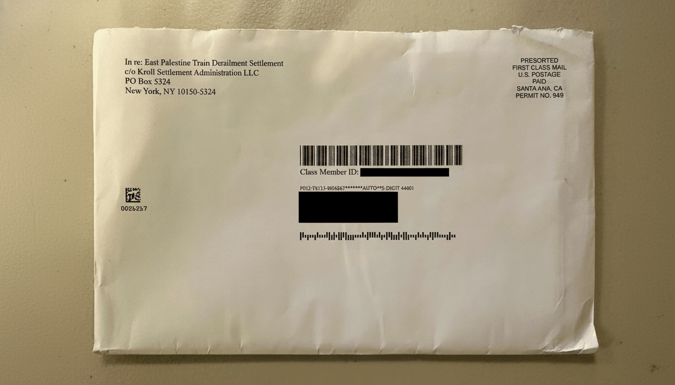 An envelope addressed to the East Palestine Train Derail ment Settlement.