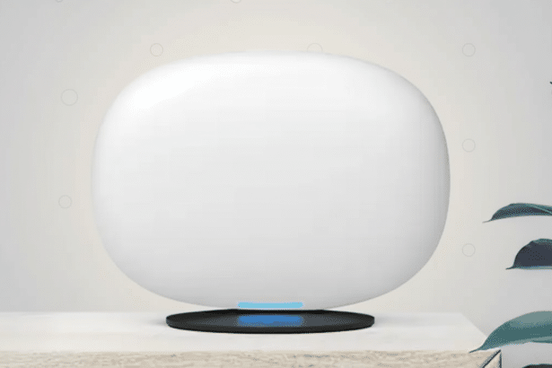 A white , rounded smart home device with a blue light on its base , sitting on a light- colored surface with a plant on the right.