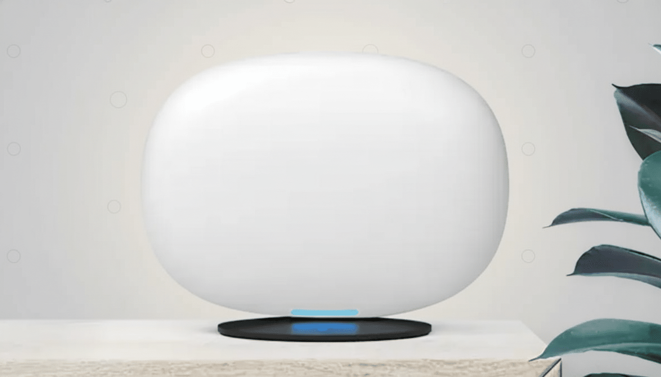 A white , rounded smart home device with a blue light on its base , sitting on a light- colored surface with a plant on the right.