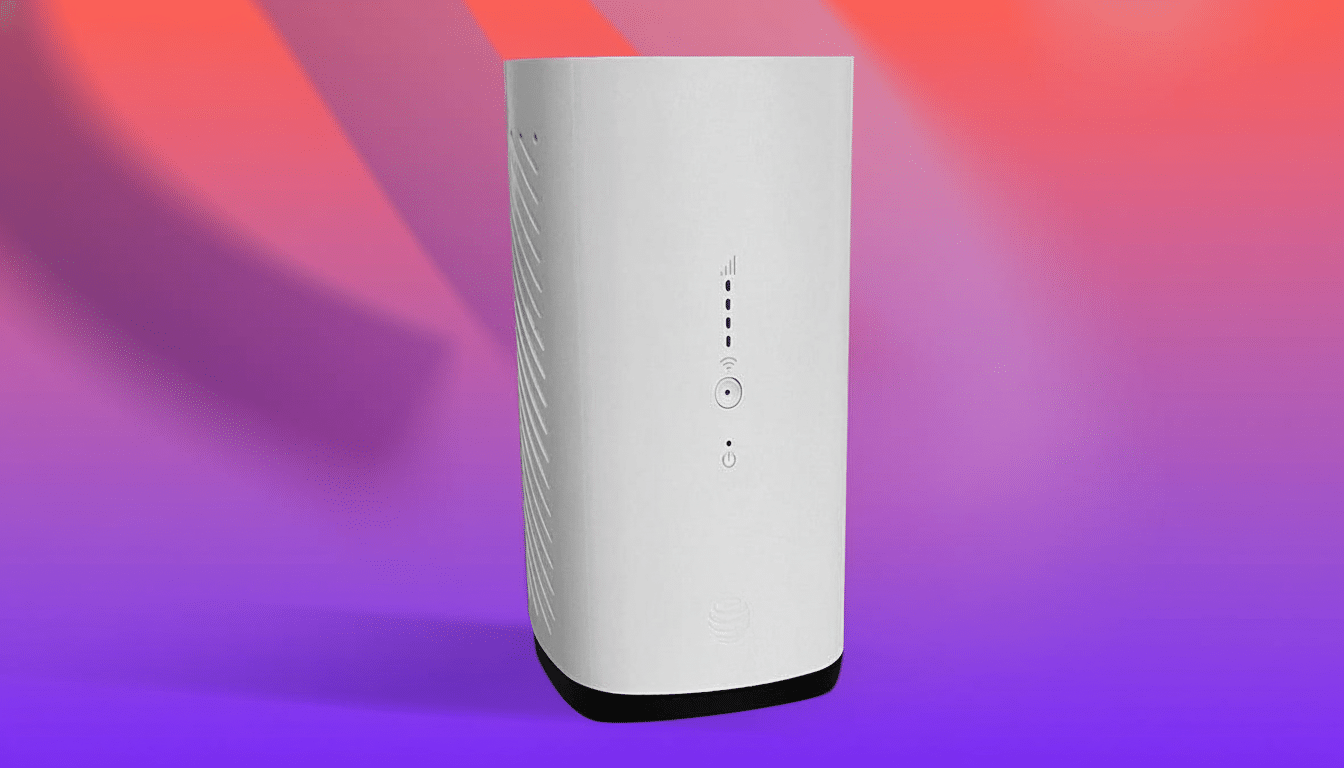 A white rectangular AT&T internet router with a gradient purple and pink background.