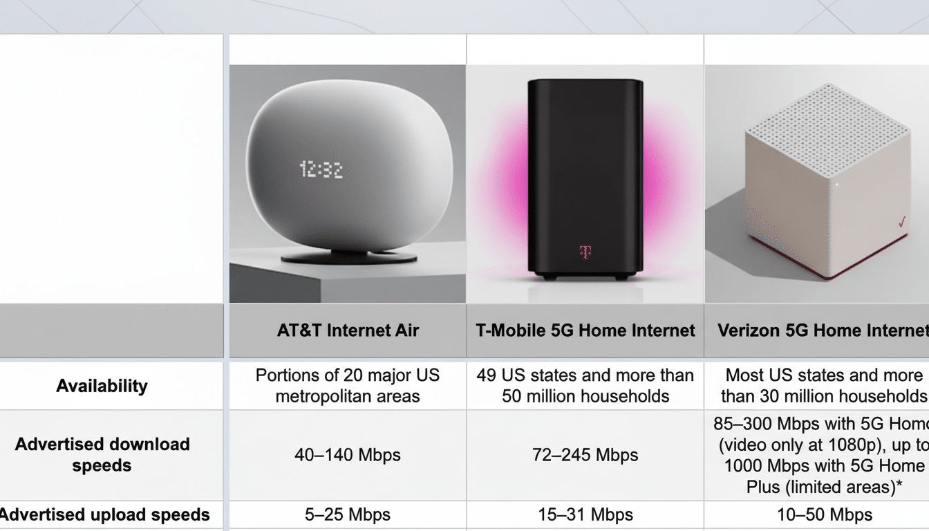 A comparative image of three internet service devices : AT&T Internet Air, T-Mobile 5G Home Internet , and Verizon 5G Home Internet , with a table showing their availability, advertised download, and upload speeds.