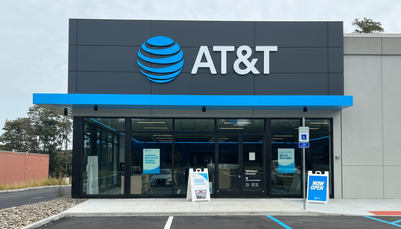 An AT &T store with its blue and white logo, and a Now Open  sign outside, resized to a 16: 9 aspect ratio.