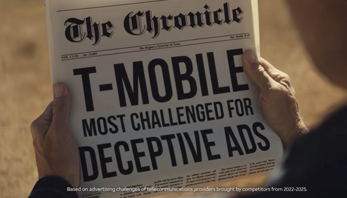 A person holding a newspaper with the headline "T-Mobile Most Challenged for Deceptive Ads".