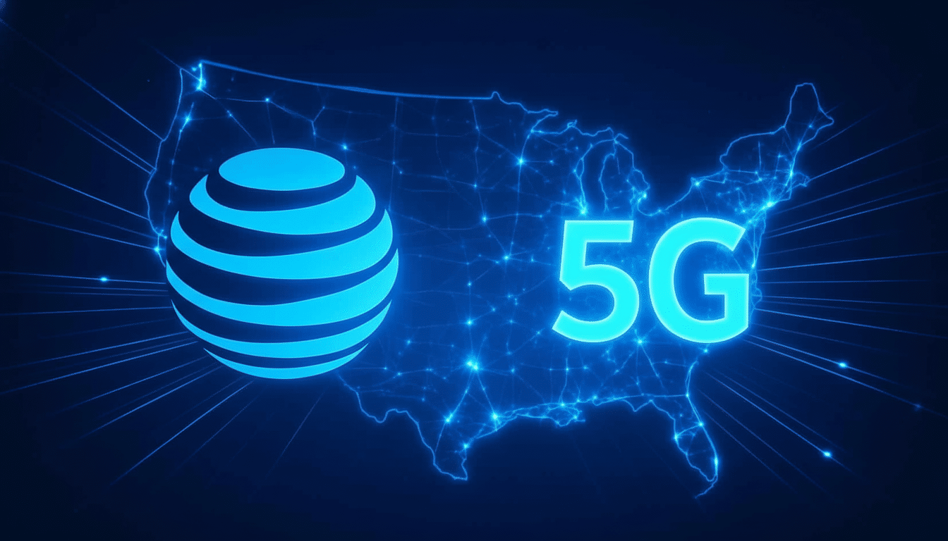 An AT &T logo and 5G text overlaid on a glowing blue outline of the United States map, symbolizing nationwide 5G coverage , set against a dark blue background with radiating light lines. Filename : att 5g usa map. png