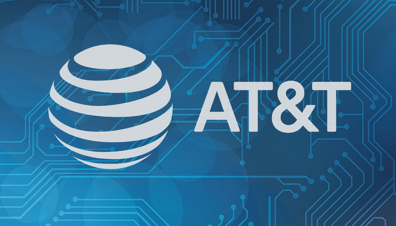 alt text: The AT&T logo and word mark against a blue background with circuit board patterns , resiz