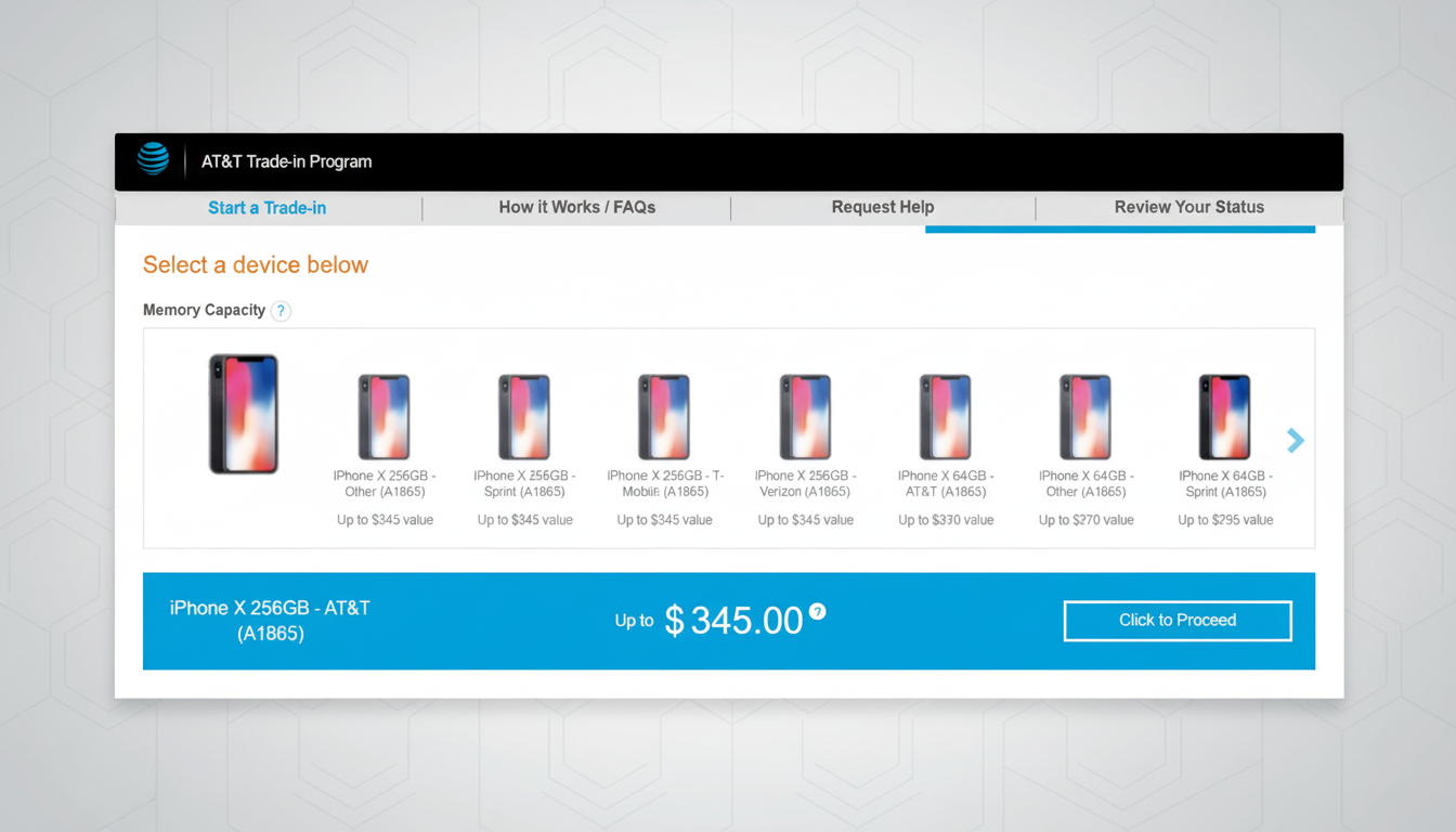 A screenshot of the AT&T Trade-in Program website, showing various iPhone X models available for trade-in, with the iPhone X 256GB - AT&T (A1865) selected, offering up to $345.00.