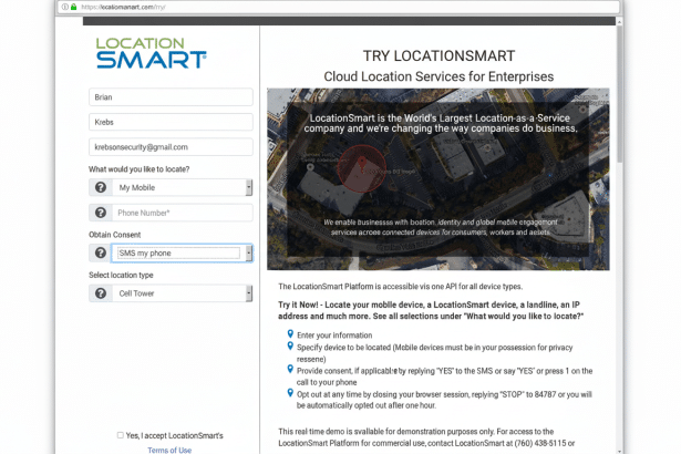 A screenshot of the LocationSmart website, showing a form for Cloud Location Services for Enterprises and a map interface on the right.
