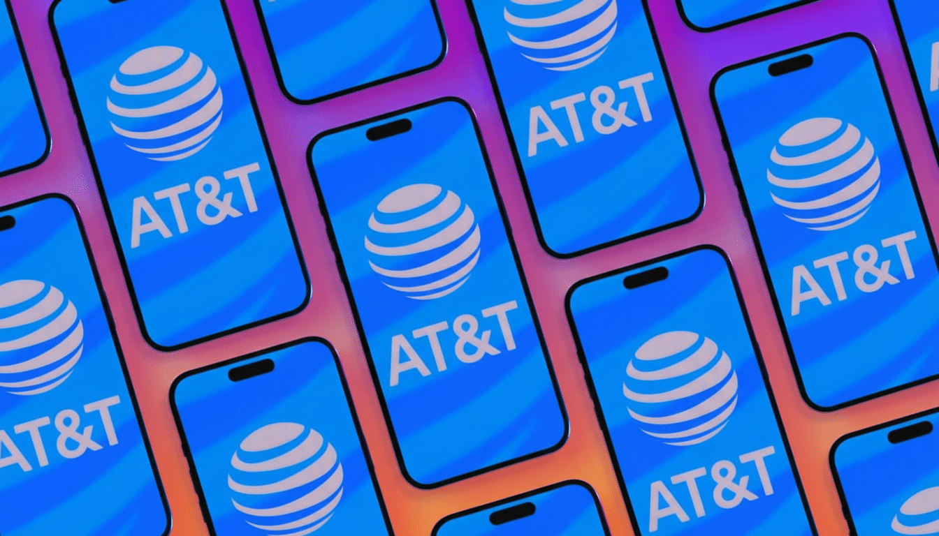 Multiple smartphones displaying the AT&T logo and text, arranged in a repeating pattern on a colorful background.