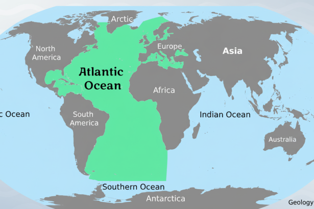 Text : A map highlighting the Atlantic Ocean in green, bordered by North America, South America , Eu