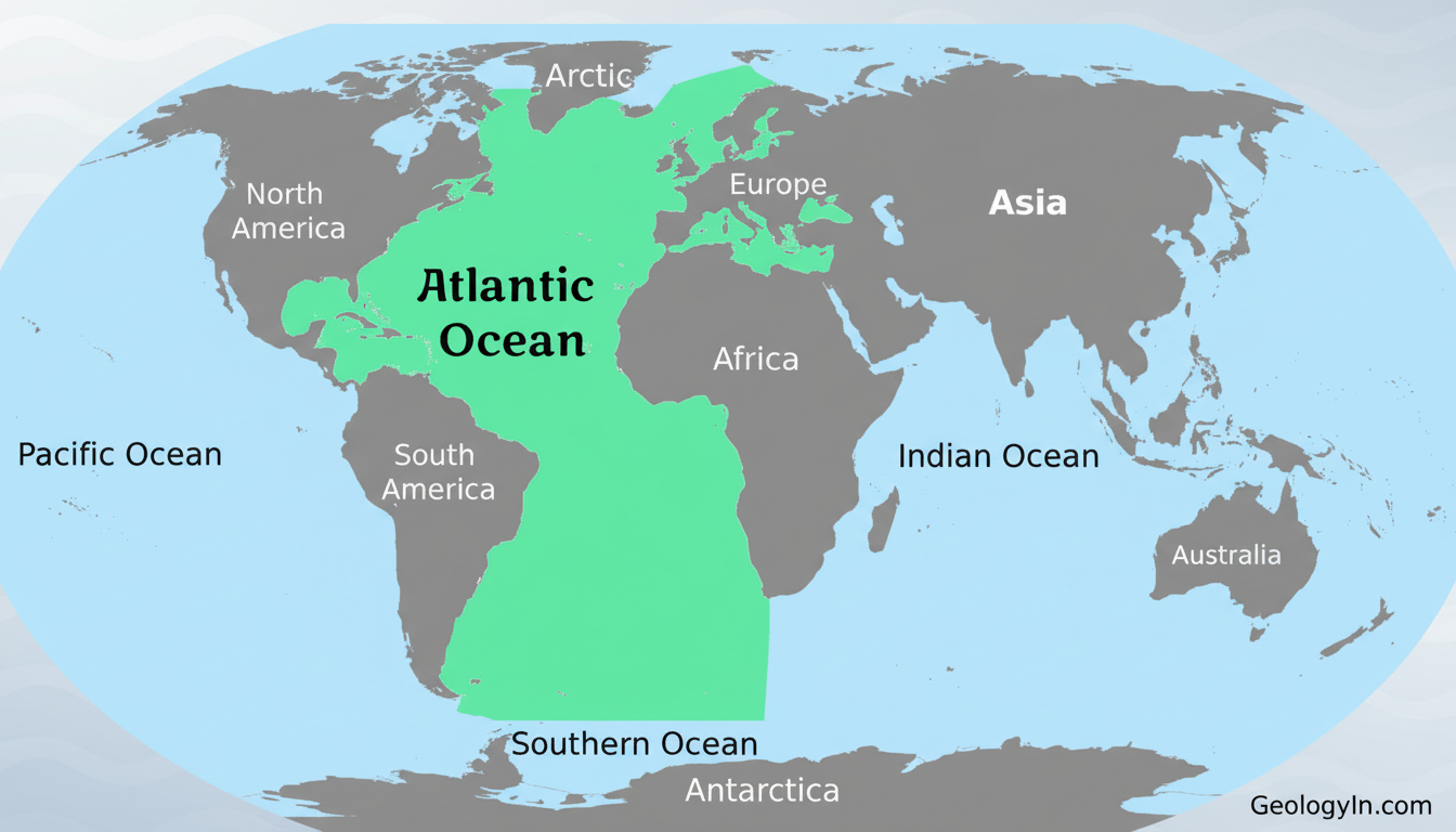 Text : A map highlighting the Atlantic Ocean in green, bordered by North America, South America , Eu