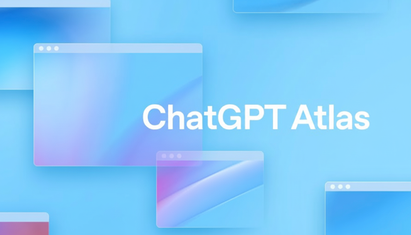 The image displays ChatGPT Atlas in white text against a light blue background, with several semi-transparent, frosted glass-like window interfaces scattered around.
