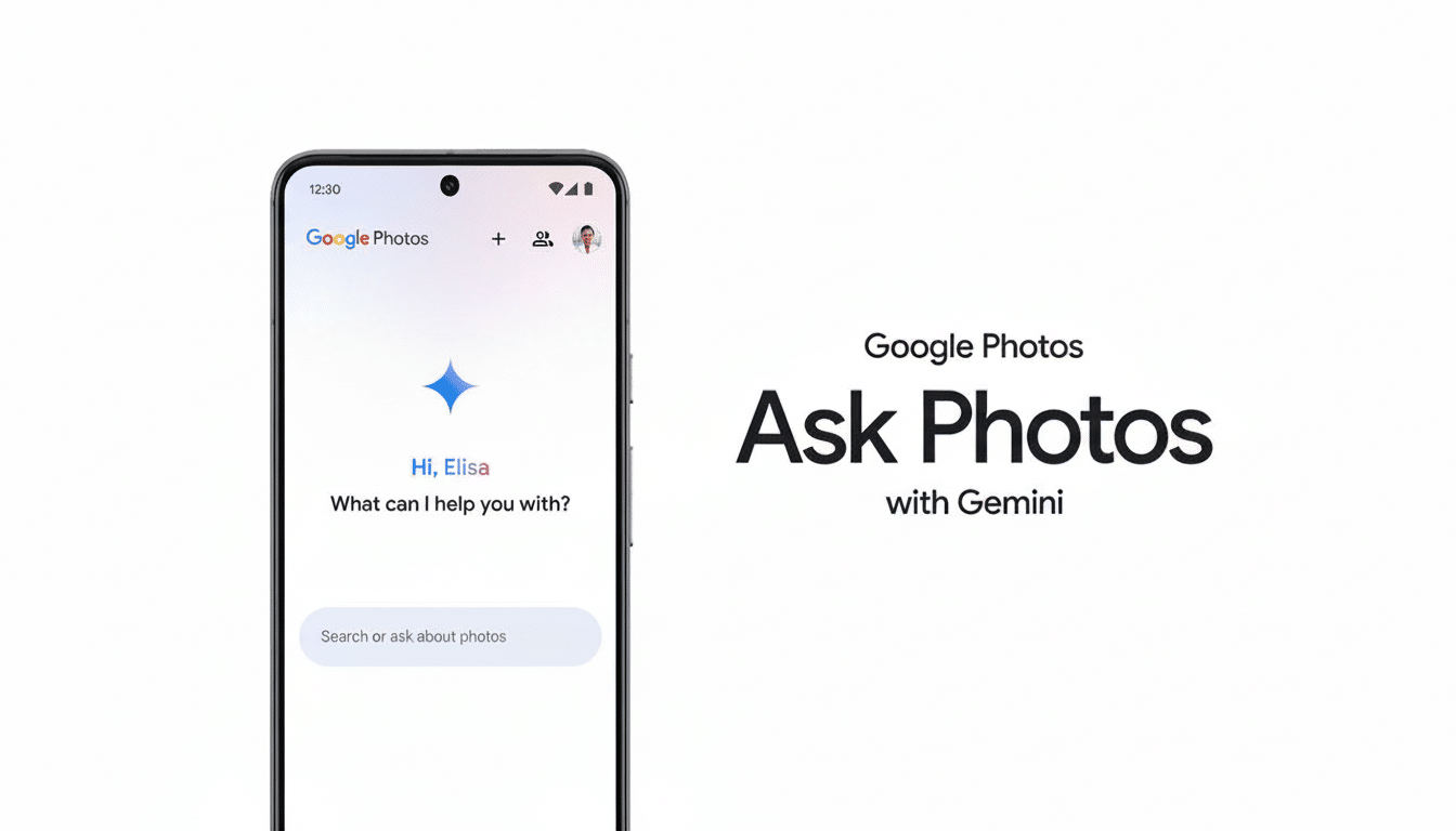 A professional presentation of Google Photos' Ask Photos with Gemini feature, displayed on a smartphone screen. The phone shows a greeting to El isa with a prompt What can I help you with ? below a sparkling blue icon, on a clean white background with the Google Photos Ask Photos with Gemini logo .