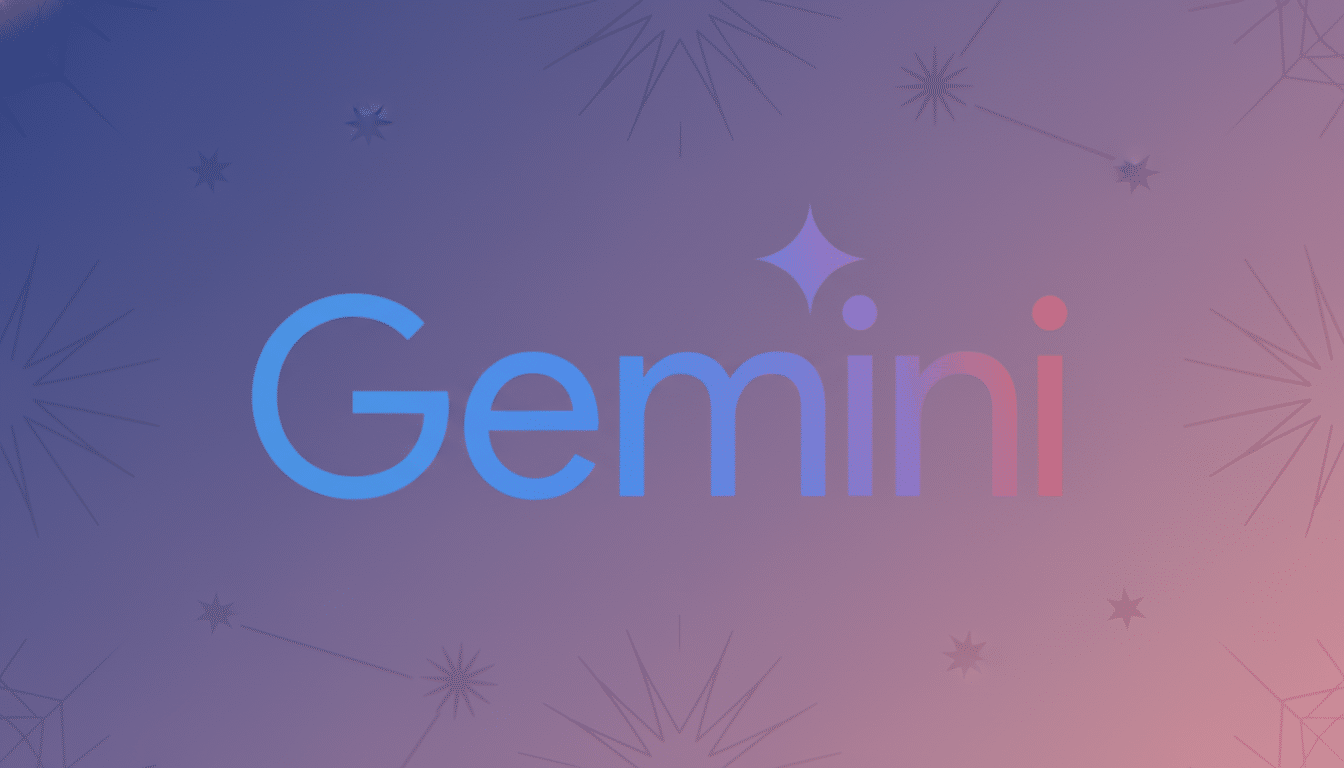 The Gemini logo, featuring a gradient from blue to pink, with a sparkling star replacing the dot above the ' i', set against a soft, professionally designed background of gradient pur ples and pinks with subtle star and constellation patterns.