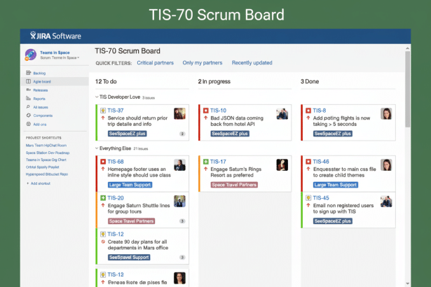 A professional , enhanced image of the J IRA Software TIS-7 0 Scrum Board, resized to a 1 6:9 aspect ratio, showing tasks in ' To Do', ' In Progress', and 'Done' columns .