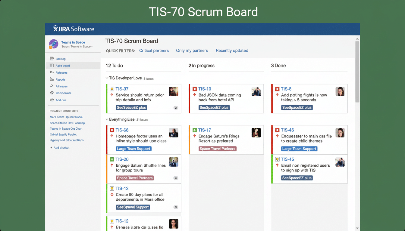 A professional , enhanced image of the J IRA Software TIS-7 0 Scrum Board, resized to a 1 6:9 aspect ratio, showing tasks in ' To Do', ' In Progress', and 'Done' columns .