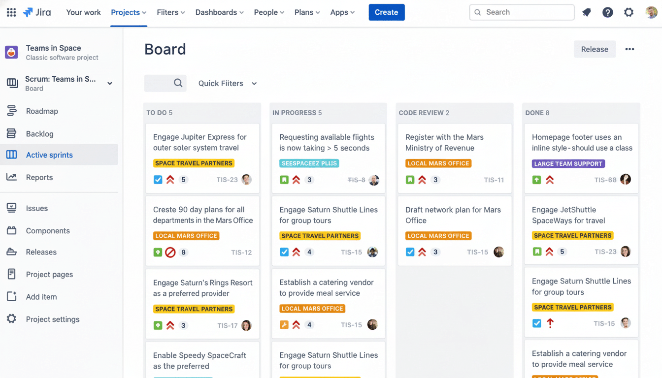 A screenshot of a Jira board with several tasks organized into columns like TO DO, IN PROGRESS, CODE REVIEW, and DONE, showing various project management details related to space travel. Filename : jiraboard active sprints. png
