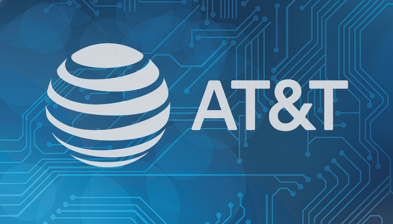 The AT &T logo, featuring a white globe icon and the text AT&T, against a blue background with a faint circuit board pattern.