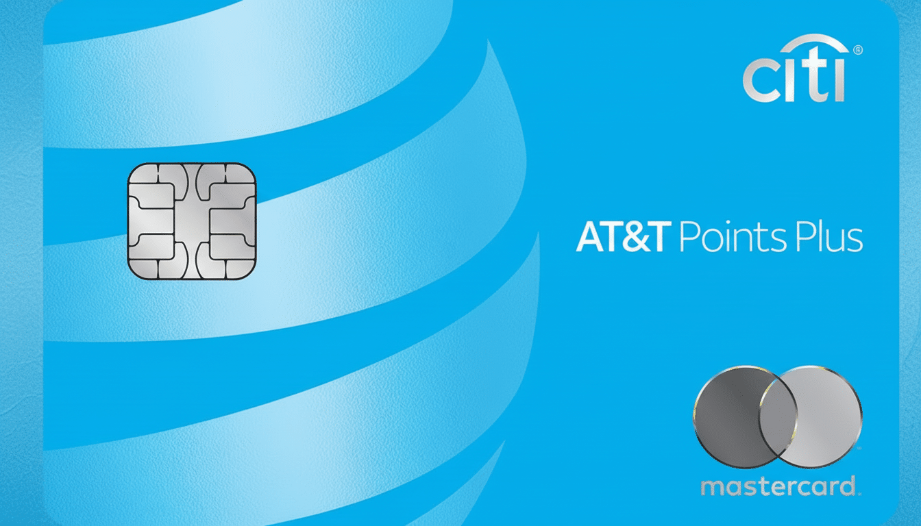 An AT &T Points Plus credit card with Citi and Mastercard branding , set against a subtle , professional background. Filename : att pointsplus card.png