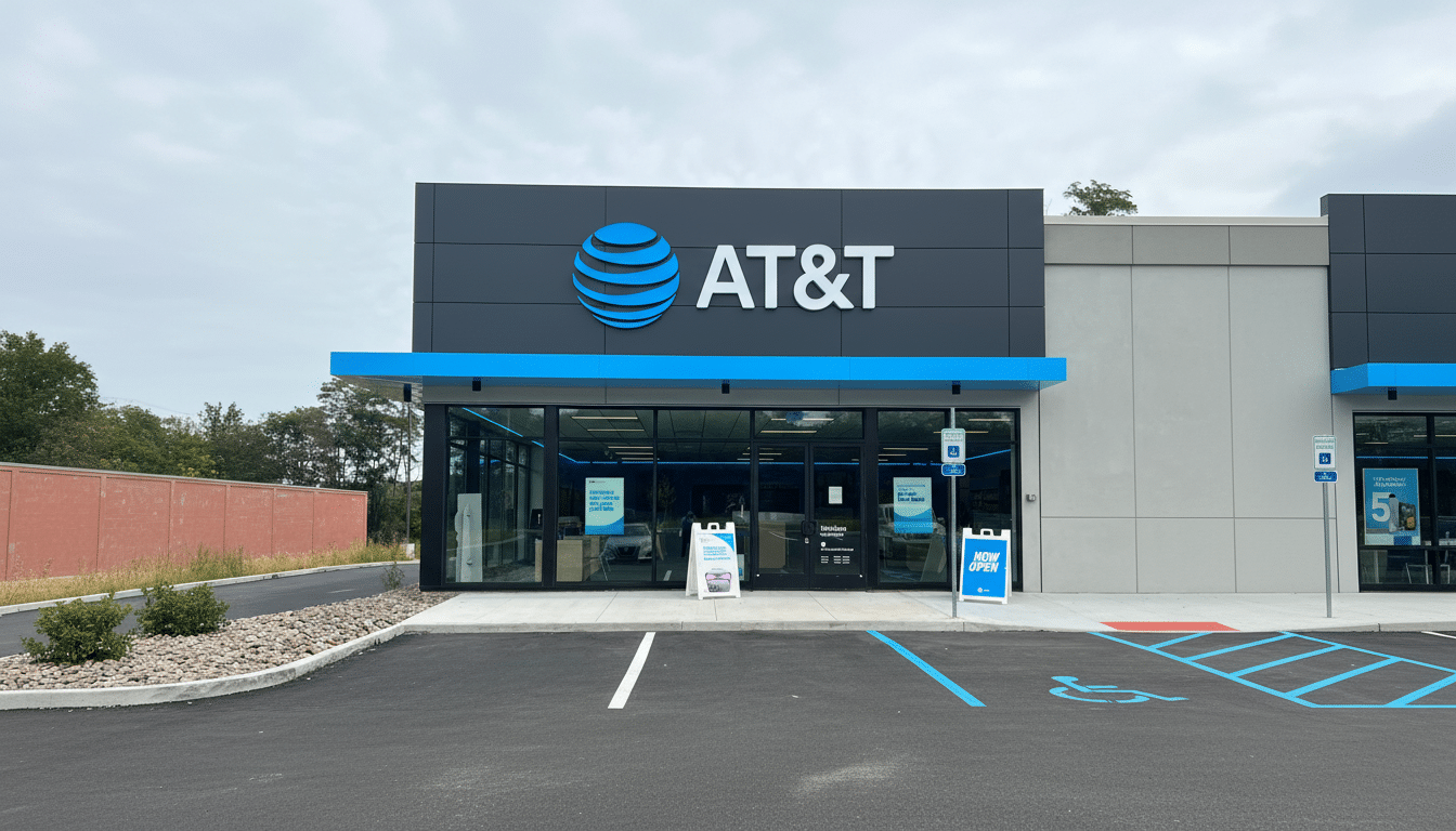 An exterior view of a modern AT&T store with its blue globe logo and AT&T text prominently displayed on a dark grey facade, featuring a bright blue awning and glass storefront . The store is situated in a parking lot with designated handicapped parking spaces.