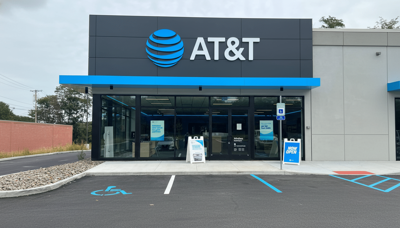 A newly opened AT&T store with its distinctive blue and white logo on a dark grey facade , featuring large glass windows, promotional signs, and handicap parking spaces in the foreground. Filename : att storefront professional .png