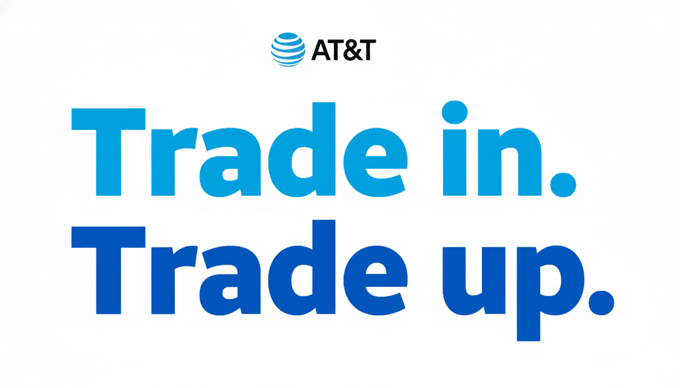 AT& T logo and Trade in. Trade up. text on a white background.