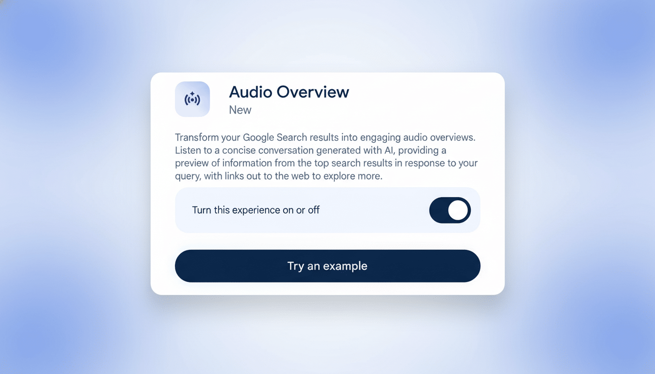 A 16:9 aspect ratio image of a card displaying Audio Overview with a description , a toggle switch , and a Try an example button, against a professional flat design background with soft gradients.