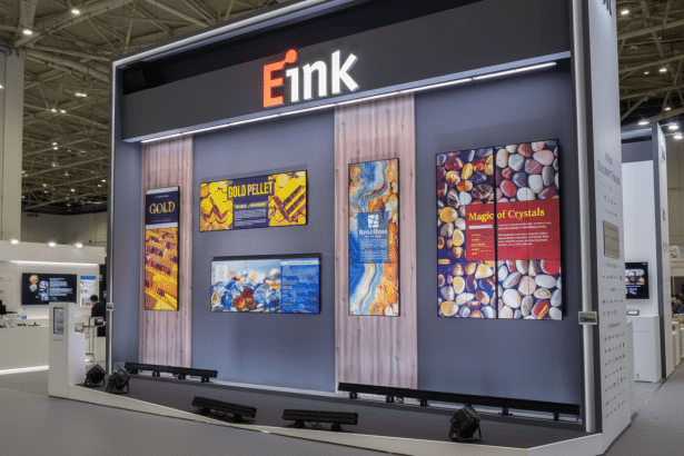 A wide shot of an E Ink booth display at a trade show, featuring multiple screens showcasing various products and designs , including Gold Pellet, Brick Stone, and Magic of Crystals.