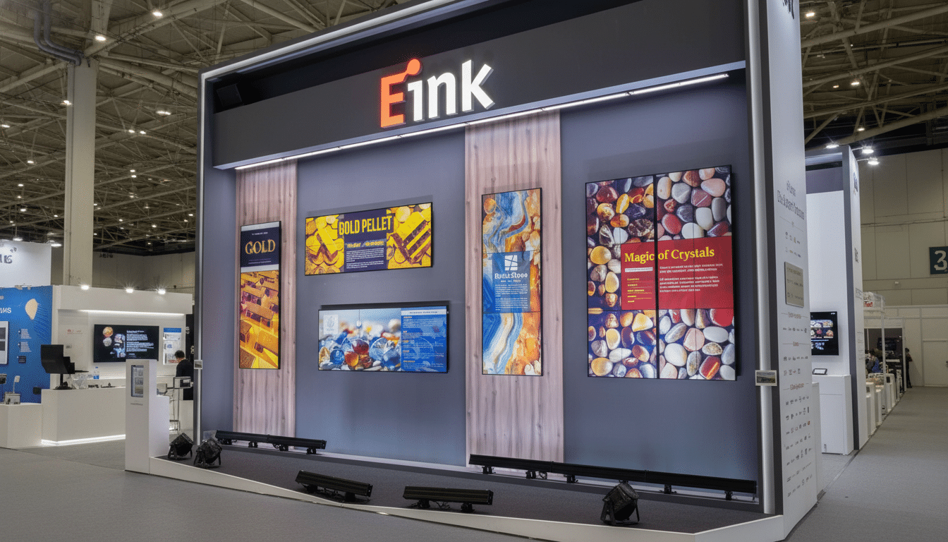 A wide shot of an E Ink booth display at a trade show, featuring multiple screens showcasing various products and designs , including Gold Pellet, Brick Stone, and Magic of Crystals.