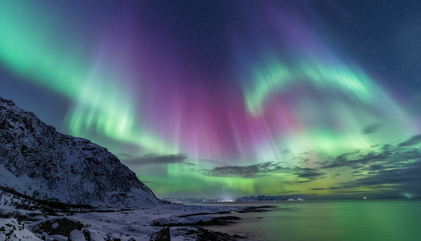 A vibrant aurora borealis with streaks of green and purple light illuminates a starry night sky over a snow-covered mountain and a calm body of water.