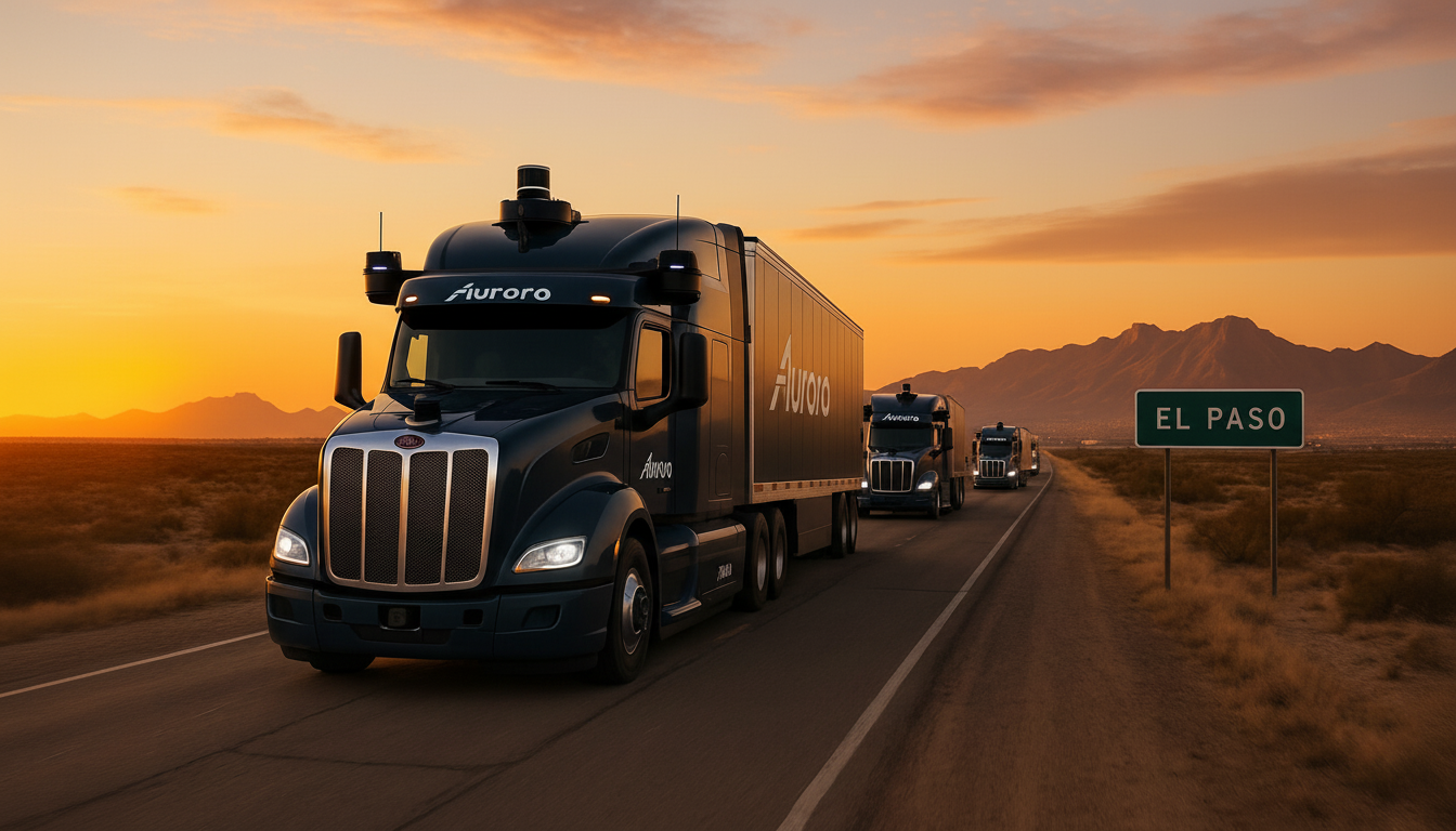 A convoy of self-driving Aurora trucks on a highway at sunset, with an EL PASO sign visible on the right.