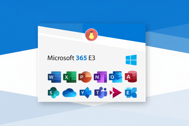 A professional visual showcasing the Microsoft 3 65 E3 suite, featuring the title Microsoft 3 65 E3 and the Windows logo, surrounded by modern icons of various Microsoft applications like Word, Excel, PowerPoint, OneNote, Outlook , Access, SharePoint , OneDrive, Yam mer , Teams, Stream , and Exchange, presented on a clean , white card with a subtle shadow against a soft blue gradient background. Filename : microsoft3 65e 3suite. png