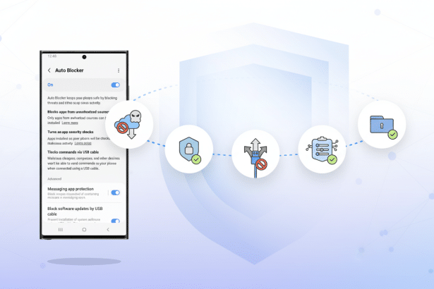 A smartphone displaying Auto Bl ocker settings, with various security icons like a skull, lock , and file folder connected by a dashed line, all against a professional white and light blue geometric background. Filename : autoblock ersecurity settings .png