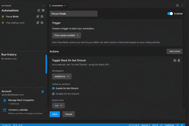 Screenshot of a dark- themed application interface showing automation settings, specifically Toggle Slack Do Not Disturb action .