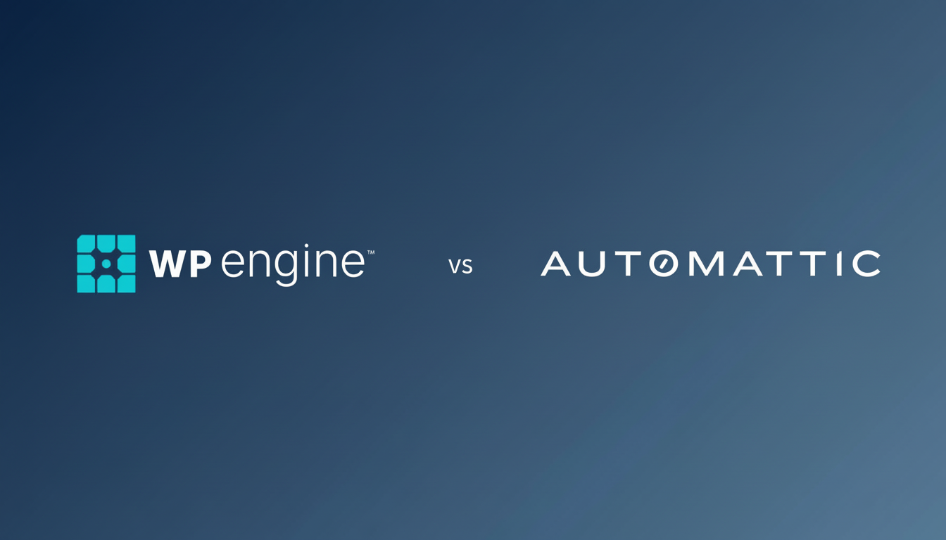 The WP Engine logo and the Automattic logo are displayed side-by-side on a dark blue background, with vs in between them.