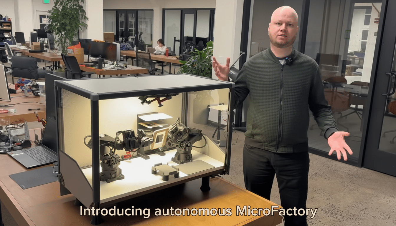 A man presenting an autonomous MicroFactory system in an office environment.