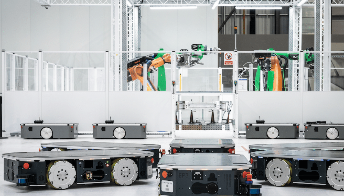Several autonomous mobile robots (AMRs) on a factory floor, with robotic arms visible in the background, all within a modern industrial setting.