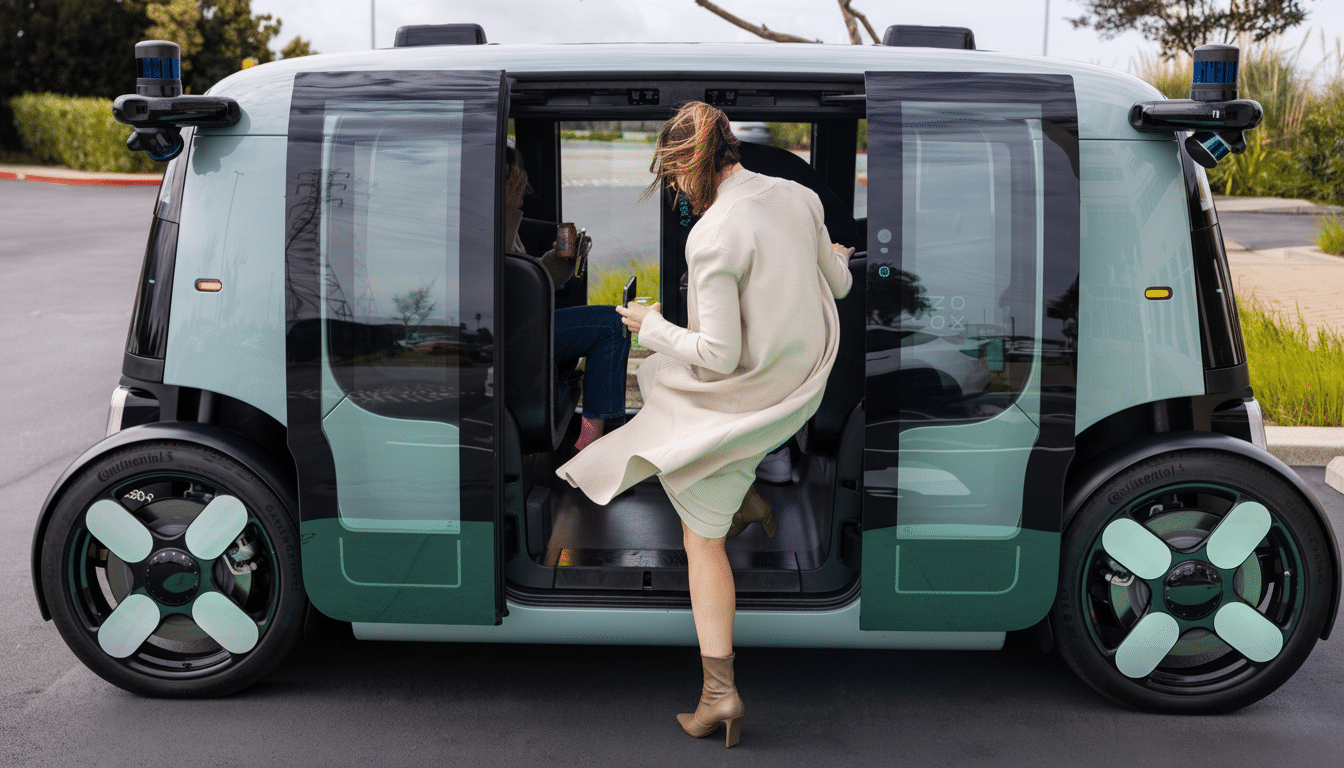 A woman in a light-colored coat steps into a futuristic, mint green and black autonomous shuttle with open sliding doors. Another person is visible in