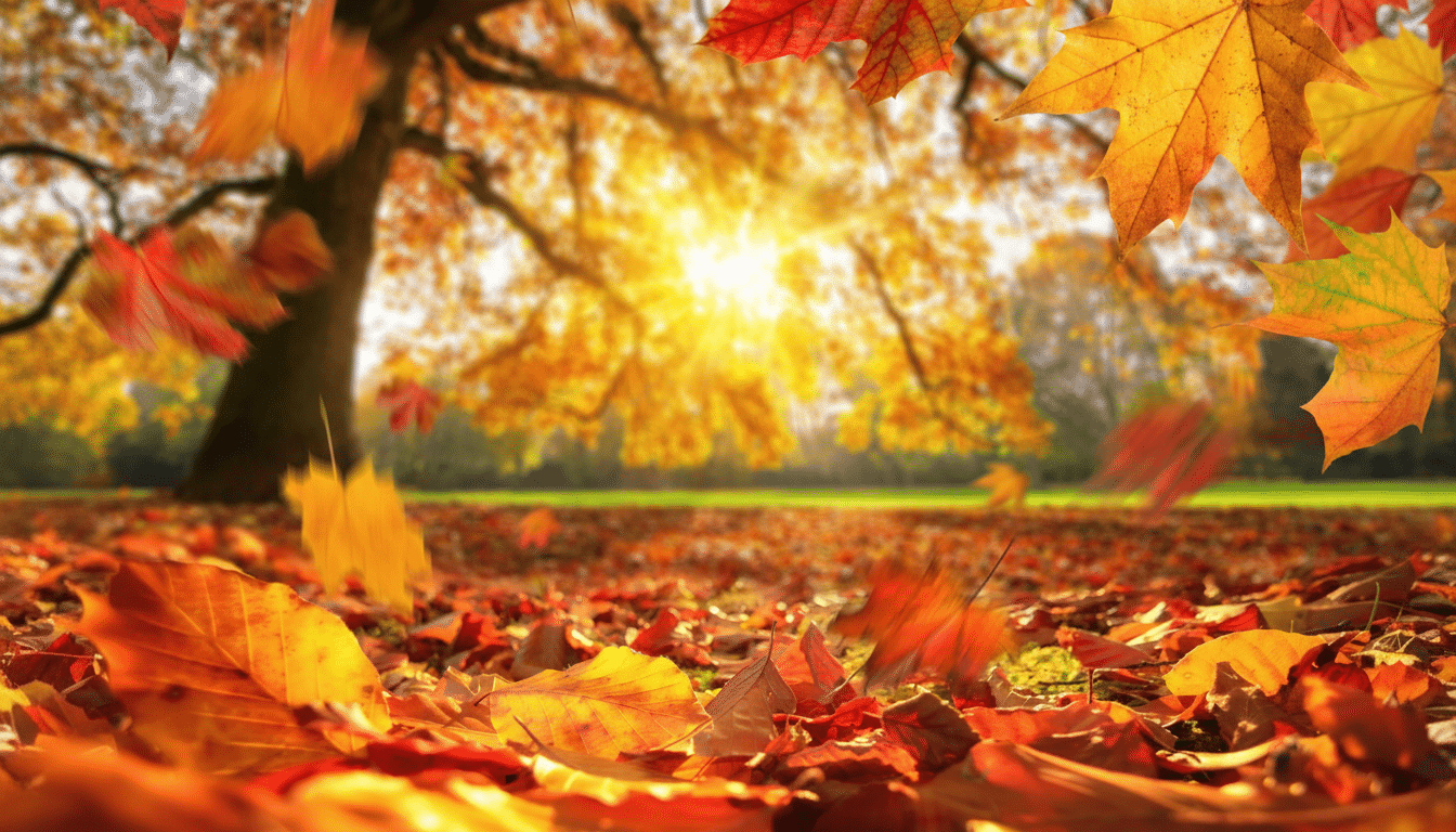 An autumnal scene with colorful maple leaves falling and scattered on the ground, a large tree in the background with a bright sunburst.