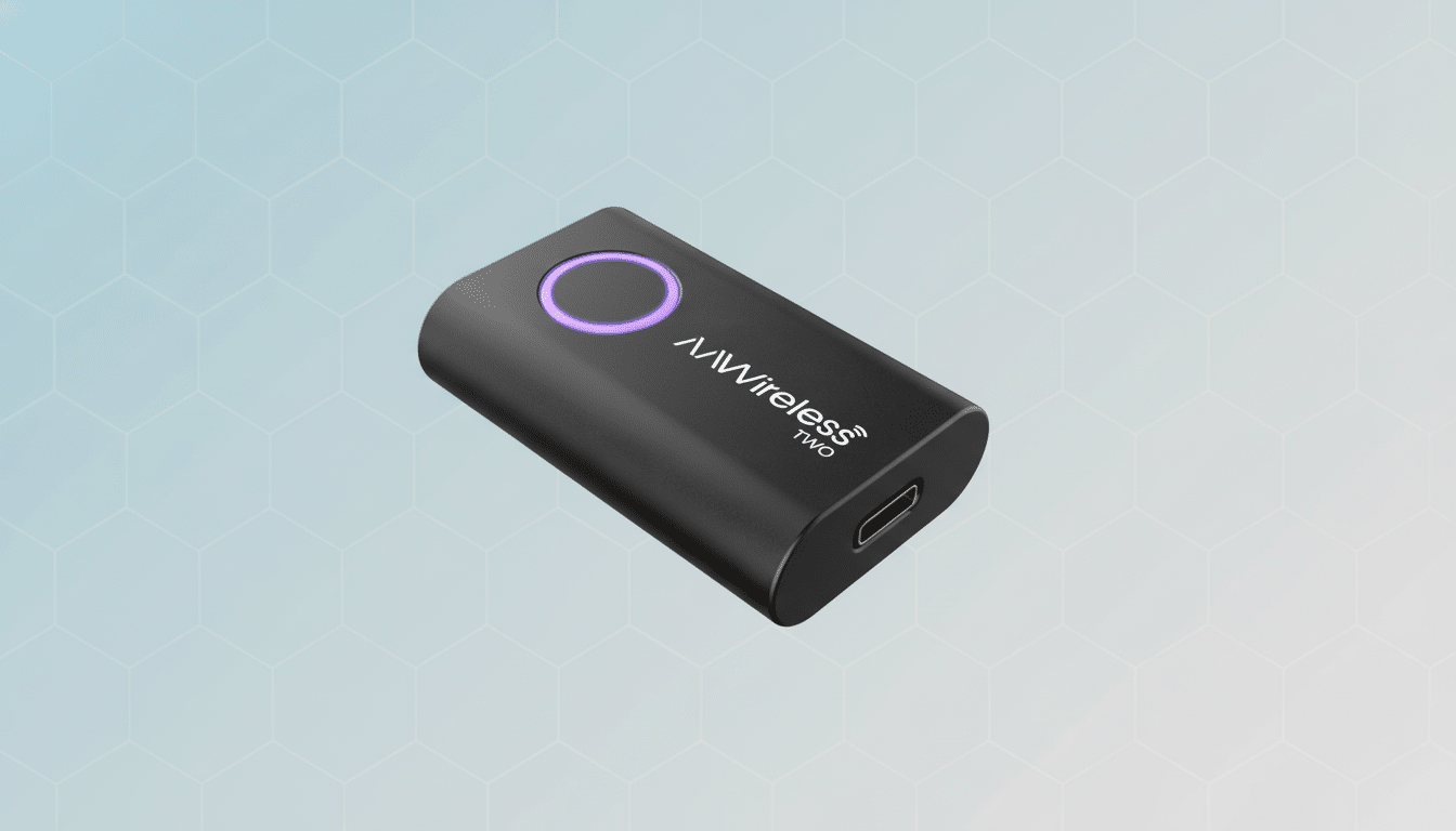 Wireless TWO device with a purple illuminated button. Filename: av wirelesstwo device.png