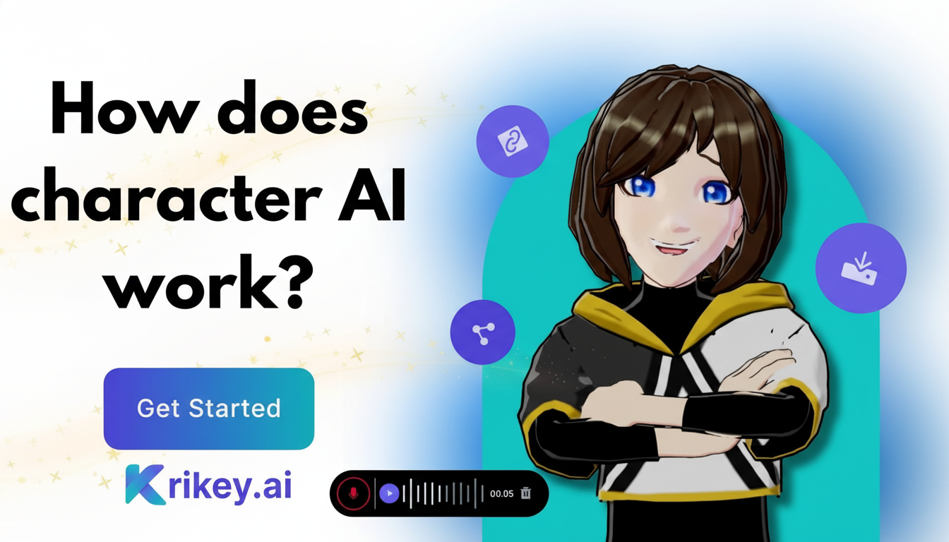 A 16:9 aspect ratio image with the text How does character AI work? and a Get Started button. A cartoon character with brown hair and blue eyes is on the right, with three purple circular icons next to her. At the bottom, theres a Krikey.ai logo and an audio waveform.