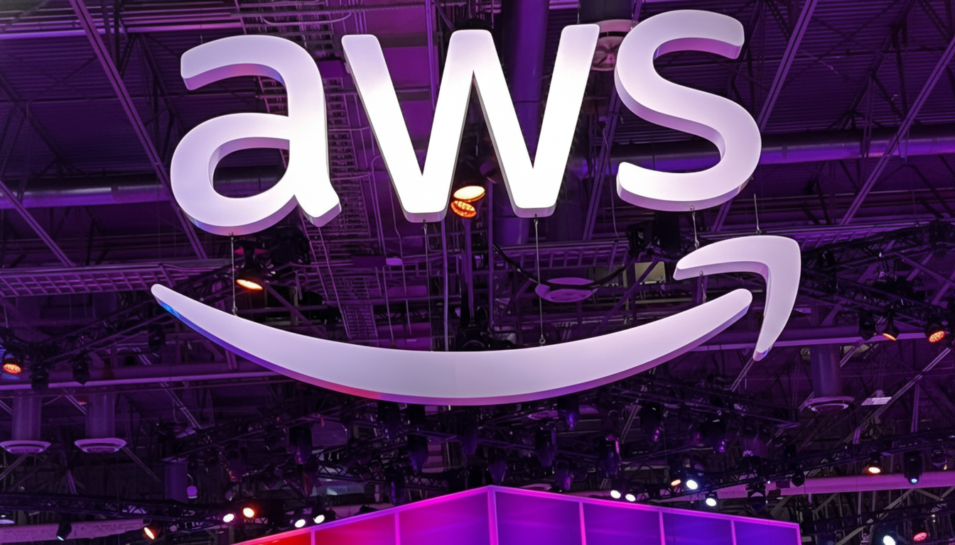 The AWS logo, featuring aws in white capital letters with the Amazon smile arrow underneath, is prominently displayed against a dark, purple-lit background with visible ceiling structures and lights.