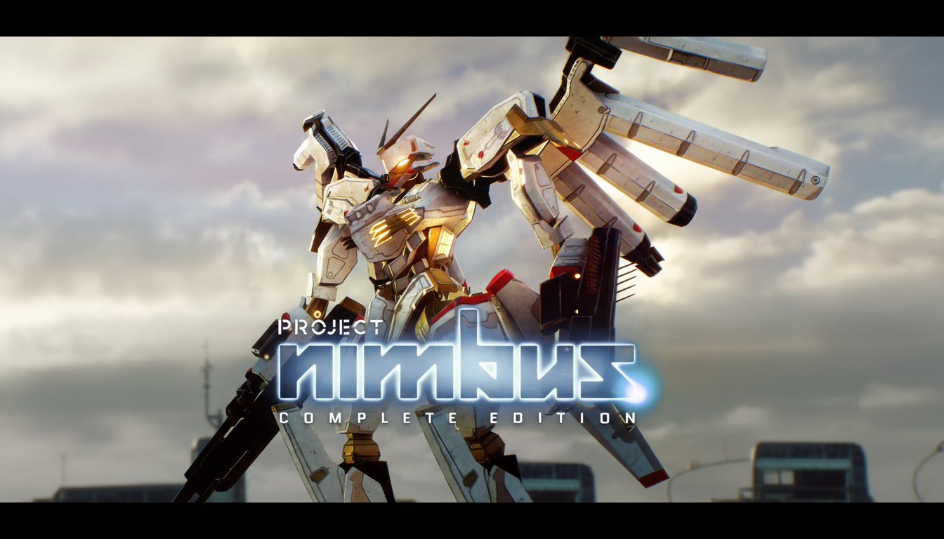 A white and gold mech from Project Nimbus Complete Edition stands against a cloudy sky, resized to a 16:9 aspect ratio.
