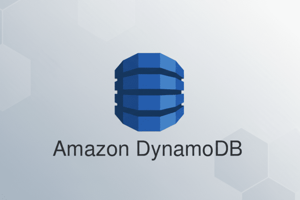 The Amazon DynamoDB logo , featuring a blue, multi-layered cylindrical icon above the text Amazon DynamoDB, set against a professional light grey background with subtle hexagonal patterns, resized to a 16:9 aspect ratio.