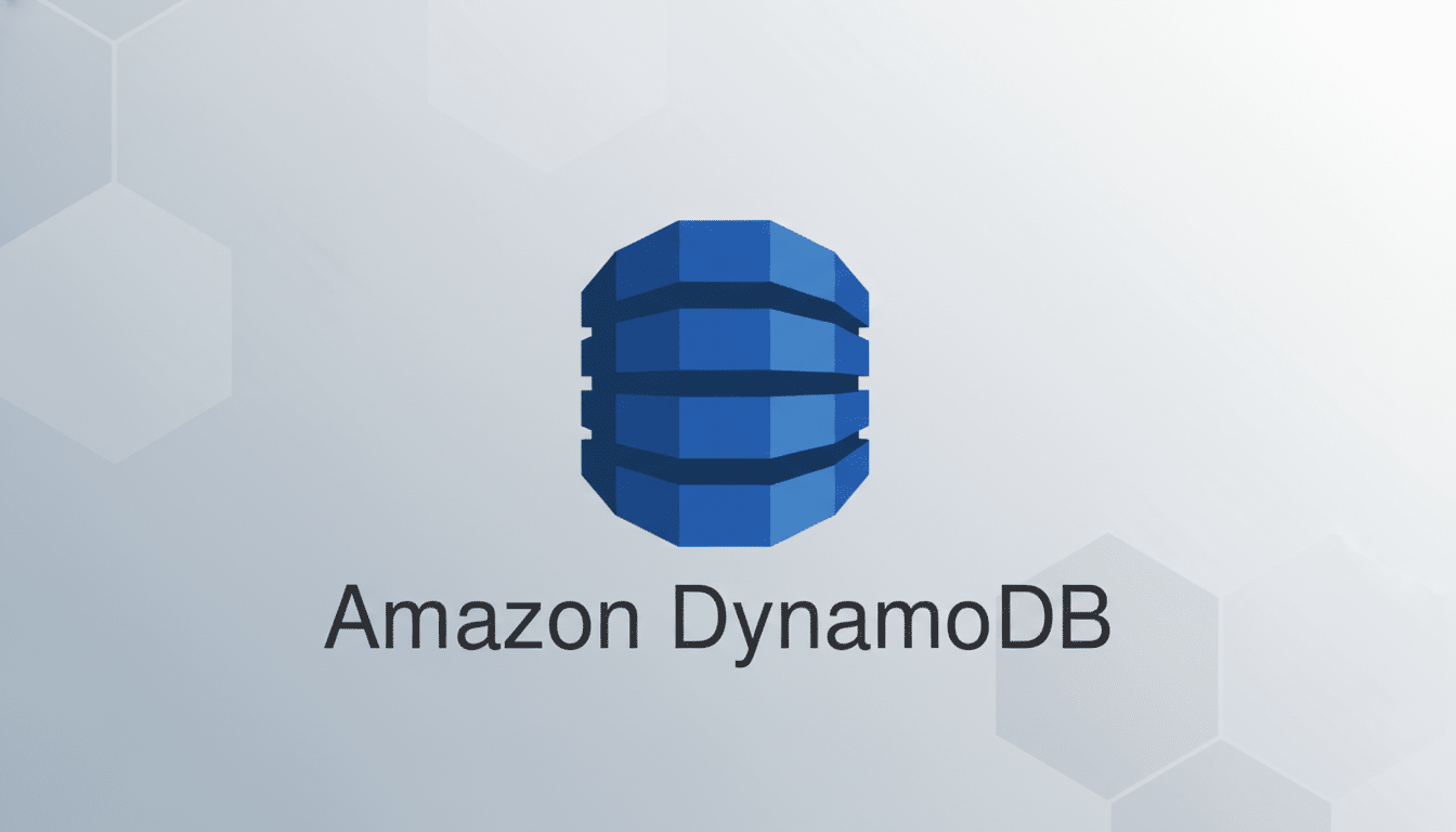 The Amazon DynamoDB logo , featuring a blue, multi-layered cylindrical icon above the text Amazon DynamoDB, set against a professional light grey background with subtle hexagonal patterns, resized to a 16:9 aspect ratio.