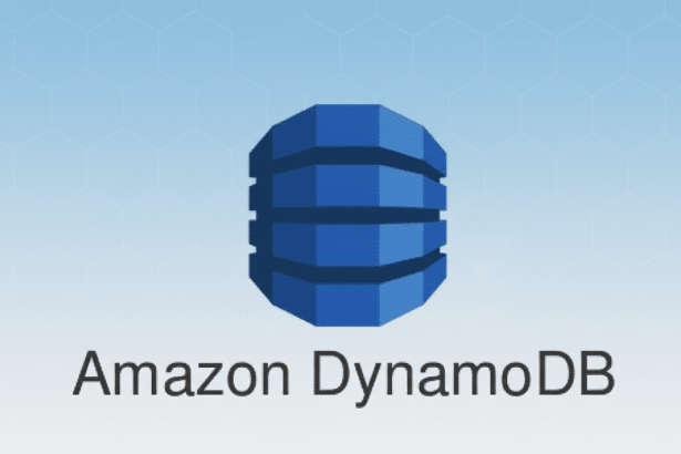 The Amazon DynamoDB logo, featuring a blue barrel -like icon above the text Amazon DynamoDB, set against a professional light blue background with a subtle hexagonal pattern.