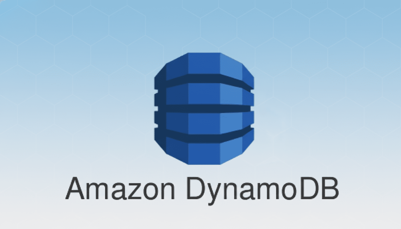 The Amazon DynamoDB logo, featuring a blue barrel -like icon above the text Amazon DynamoDB, set against a professional light blue background with a subtle hexagonal pattern.